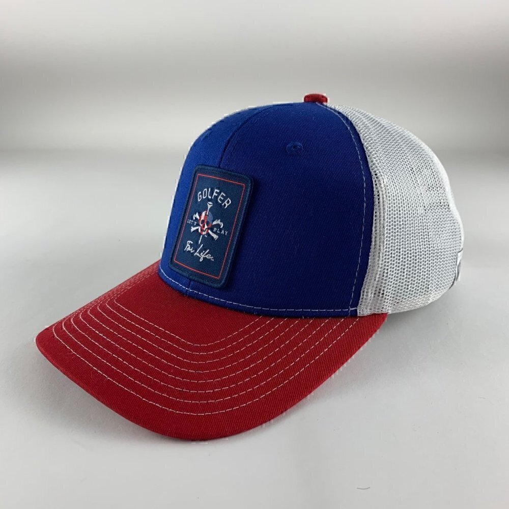 Golfer For Life Mens Red White Blue Snapback Trucker Hat